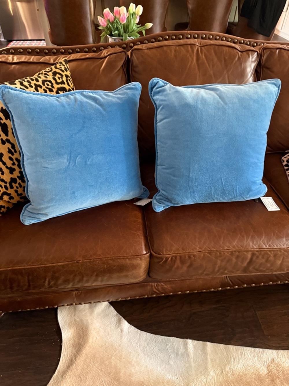 MacKenzie-Childs Blue check, Orange Floral Embroidered beaded Pillow Pair - Picture 5 of 10